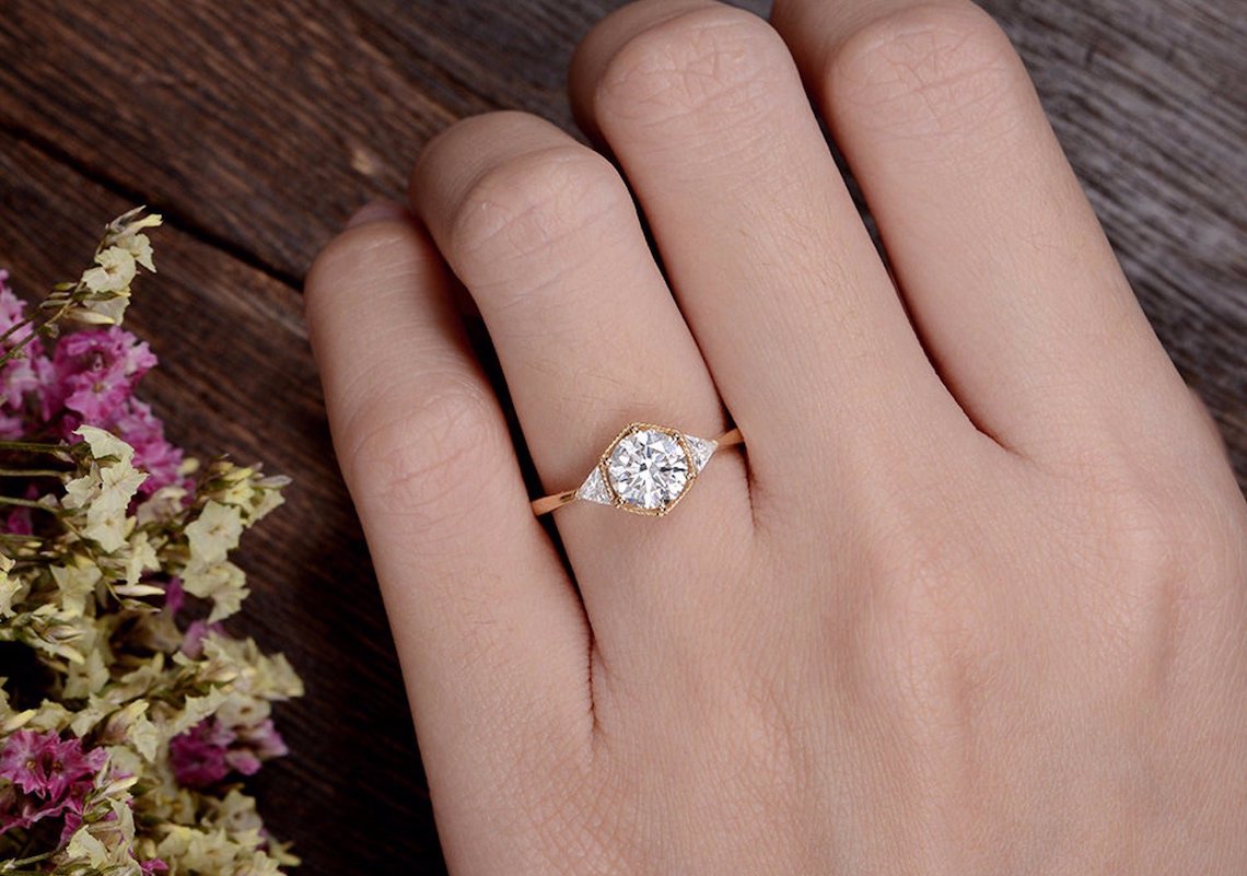 Top 8 Wedding Trends for 2023 – Flawless Moissanite – Bridal Musings – Round cut moissanite engagement ring with halo, art deco design 3